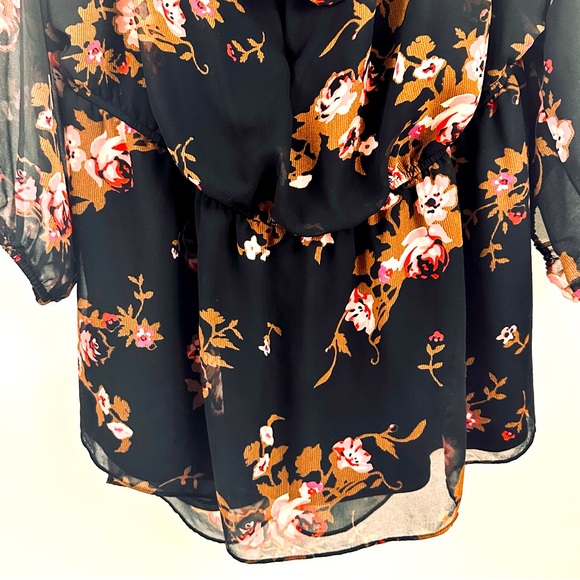 Lane Bryant 28 Black Floral Blouson Ruffle Neck Blouse Semi Sheer 3/4 Sl… - Picture 4 of 8